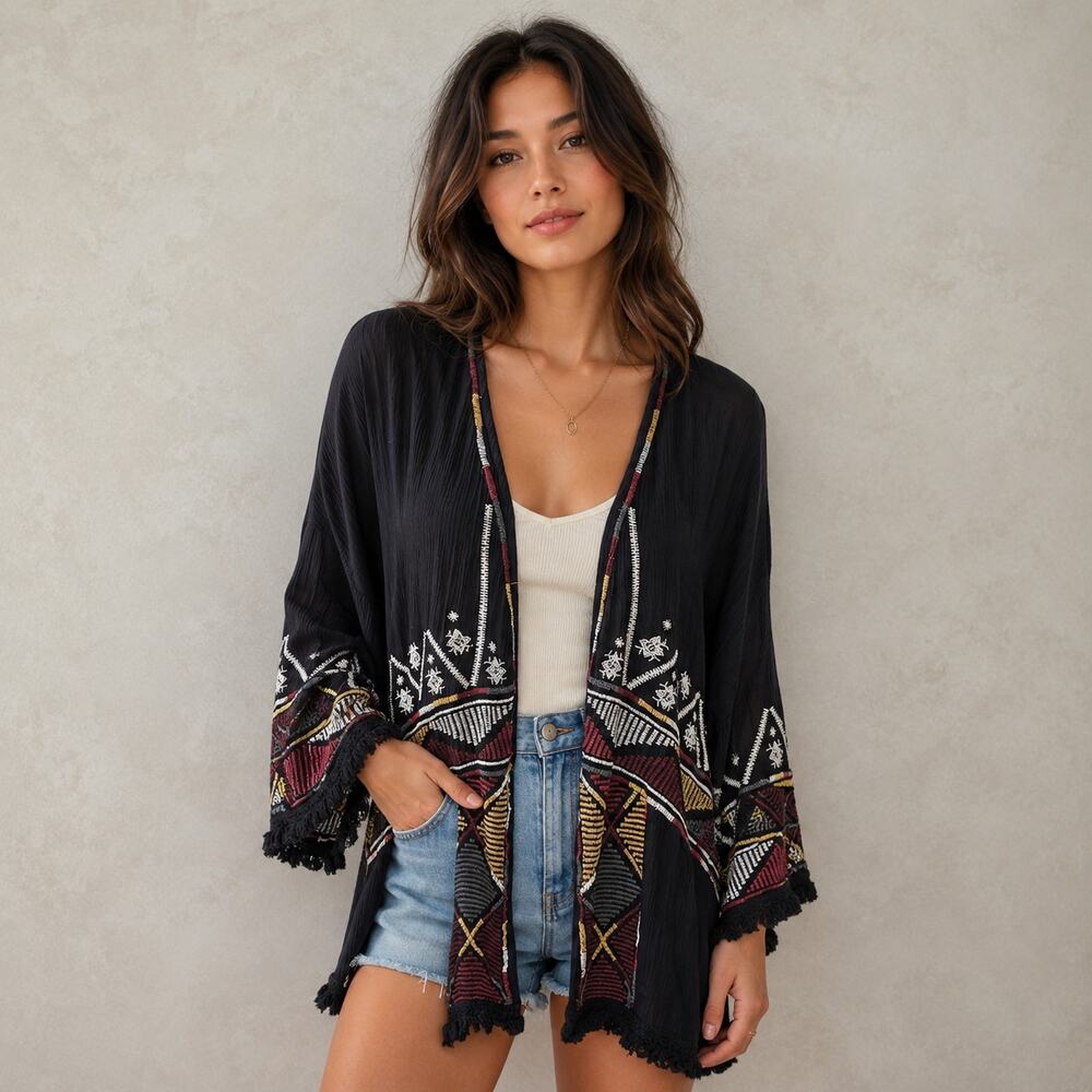 Knox Rose black embroidered kimono cover-up Medium boho Beachy artsy